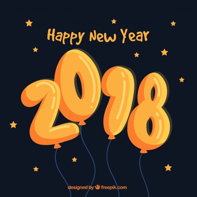 Hand drawn happy new year 2018 with orange balloons Free Vector