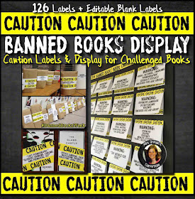 Caution Labels and Bulletin Board Display for Banned Books Week  www.hungergameslessons.com
