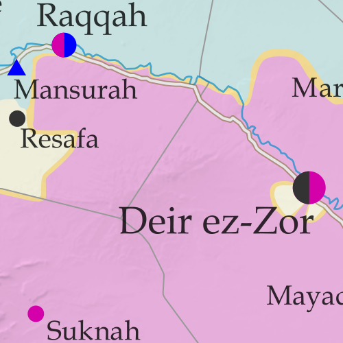 Map of Syrian Civil War (Syria control map): Fighting and territorial control in Syria in July 2017 (Free Syrian Army rebels, Kurdish YPG, Syrian Democratic Forces (SDF), Jabhat Fateh al-Sham / Hayat Tahrir al-Sham (Al-Nusra Front), Islamic State (ISIS/ISIL), and others). Includes Russia-Turkey-Iran agreed de-escalation zones and US deconfliction zone, plus recent locations of conflict and territorial control changes, such as Raqqah, Resafa, Ithriya, al-Hamima, Qasr, and more. Colorblind accessible.