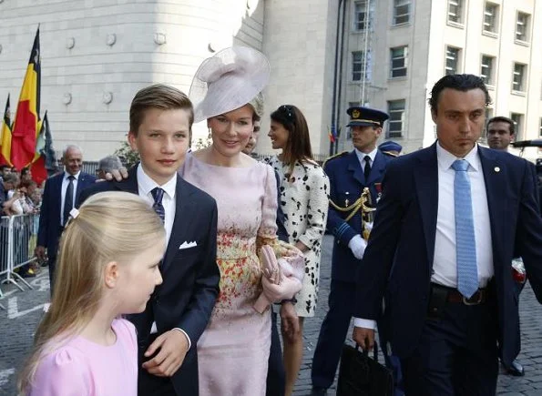 King Philippe, Queen Mathilde, Crown Princess Elisabeth,  Princess Eleonore, Prince Gabriel and Prince Emmanuel at Belgian National Day. Natan Dress, Valentino
