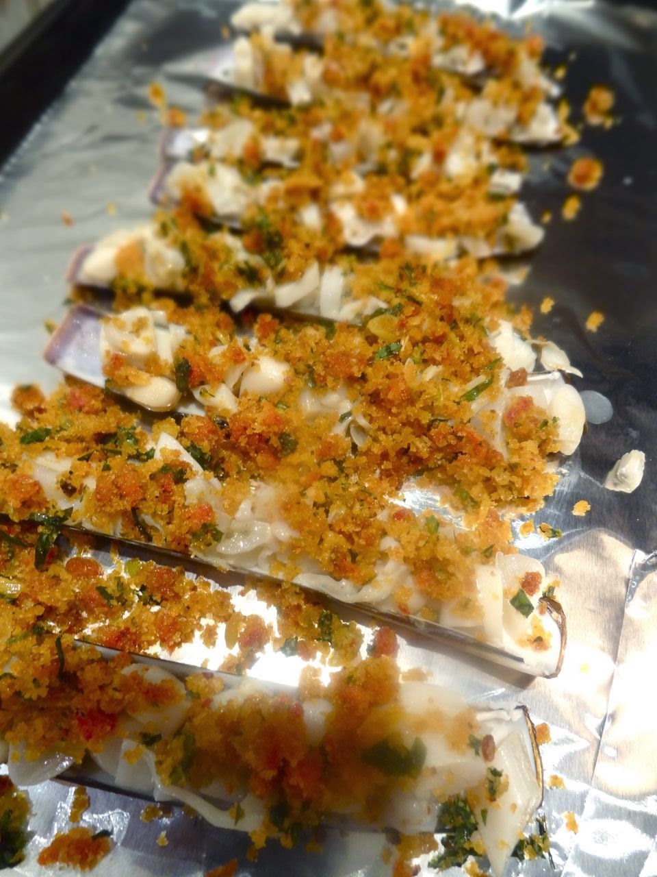 Scrumpdillyicious Baked Razor Clams with Sautéed Bread Crumbs