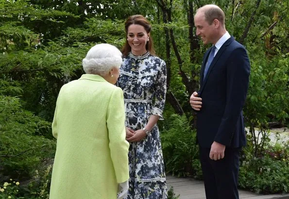 Kate Middleton, The Duchess of Cambridge, wore Erdem Shebah floral cotton-silk gown. Queen Elizabeth