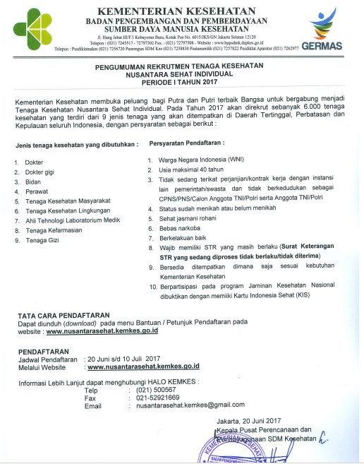 Info Lowongan Tenaga Kesehatan Nusantara Sehat Individual Kementerian Kesehatan Tahun 2017 2018 Pengumuman Hasil Cpns Tni Polri Stan Ipdn