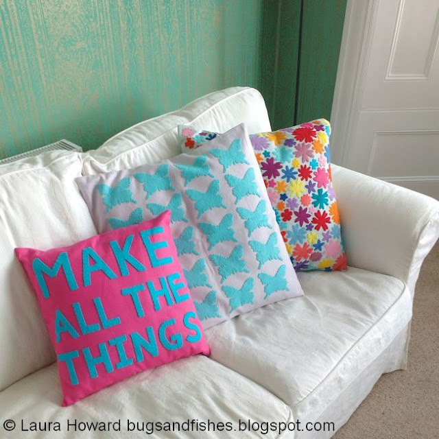 DIY Felt Butterfly Cushion Tutorial three cushions / pillows decorated with felt