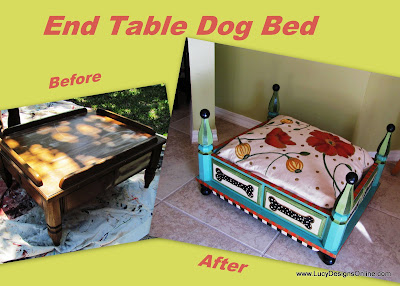 before and after makeover dog bed from an end table