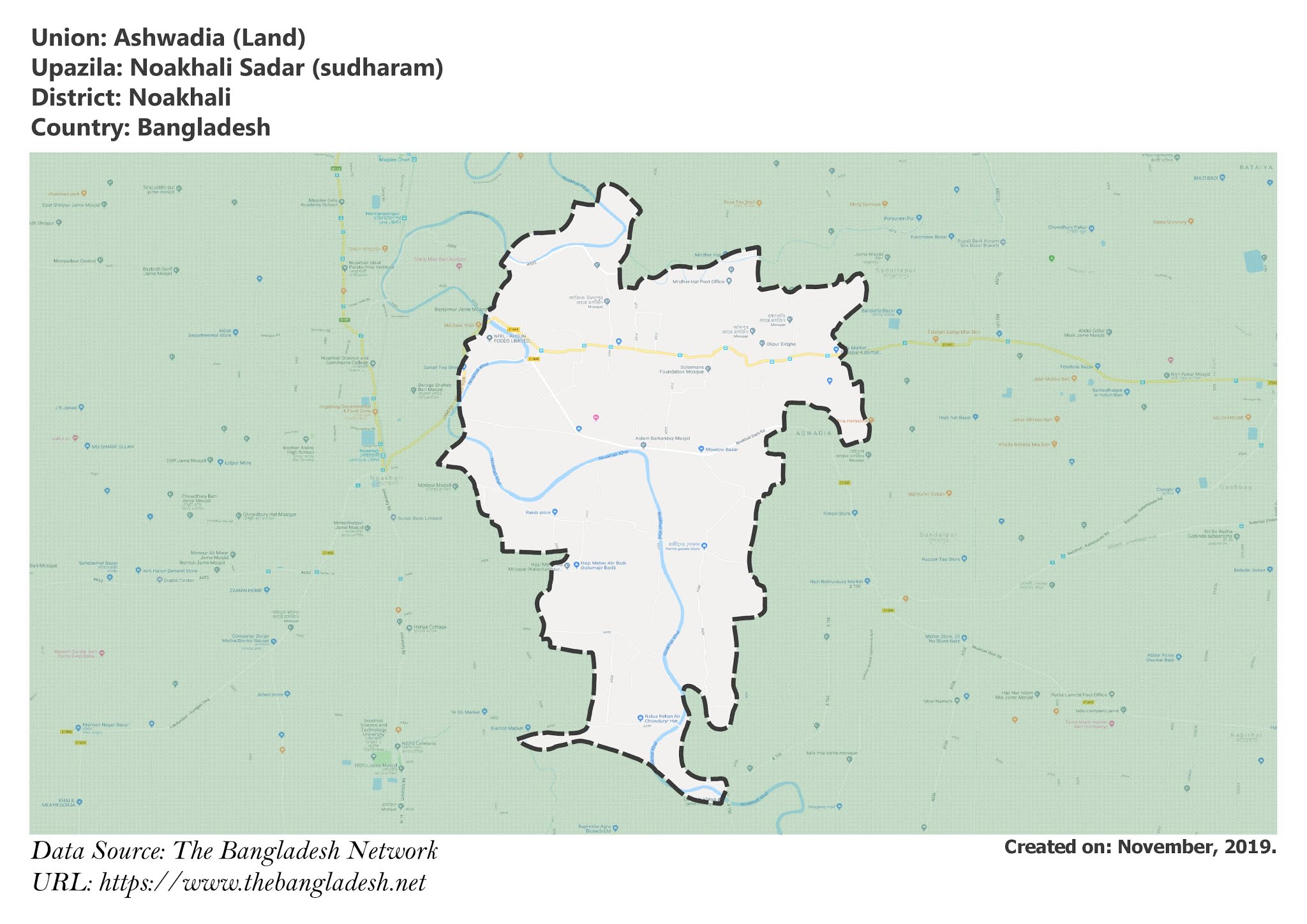 Map of Ashwadia of Noakhali, Bangladesh.