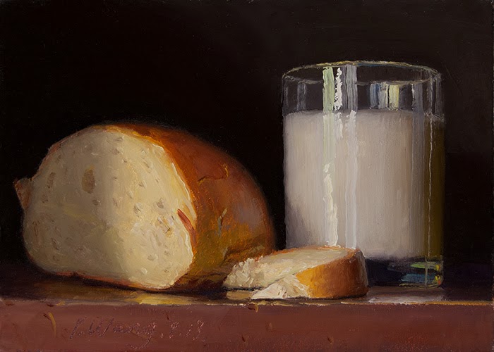 Wang Fine Art: bread and milk, still life food daily painting a