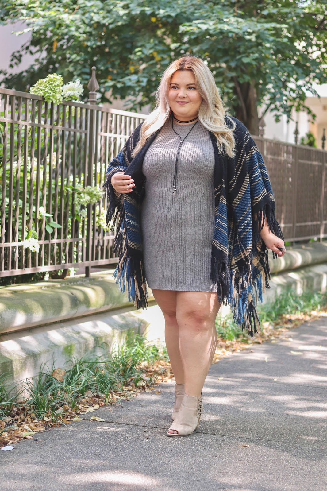 natalie in the city, thigh society, plus size fashion, Chicago fashion blogger, plus size Chicago blogger, Chicago style, anti chafing shorts, anti chafe balm, chub rub, fall 2017 style, plus size sweater dresses, plus size fringe shawls, affordable plus size clothing, back to school plus size, curves and confidence