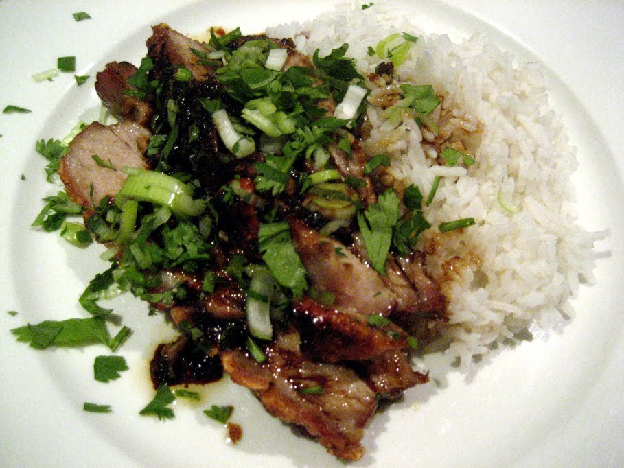 jelly, peaches and icecream Slow Cooked Asian Pork Belly