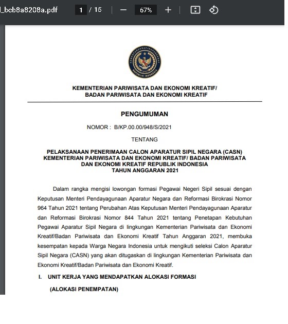 Penerimaan CPNS Kementerian Pariwisata dan Ekonomi Kreatif/Badan