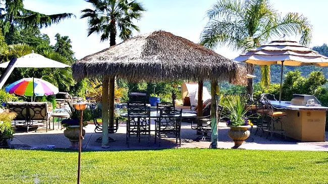 Our pool area with outdoor kitchen and palapa.