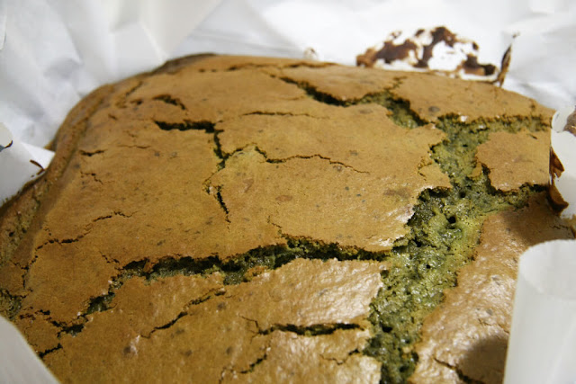 freshly baked mohci matcha cake out of the oven