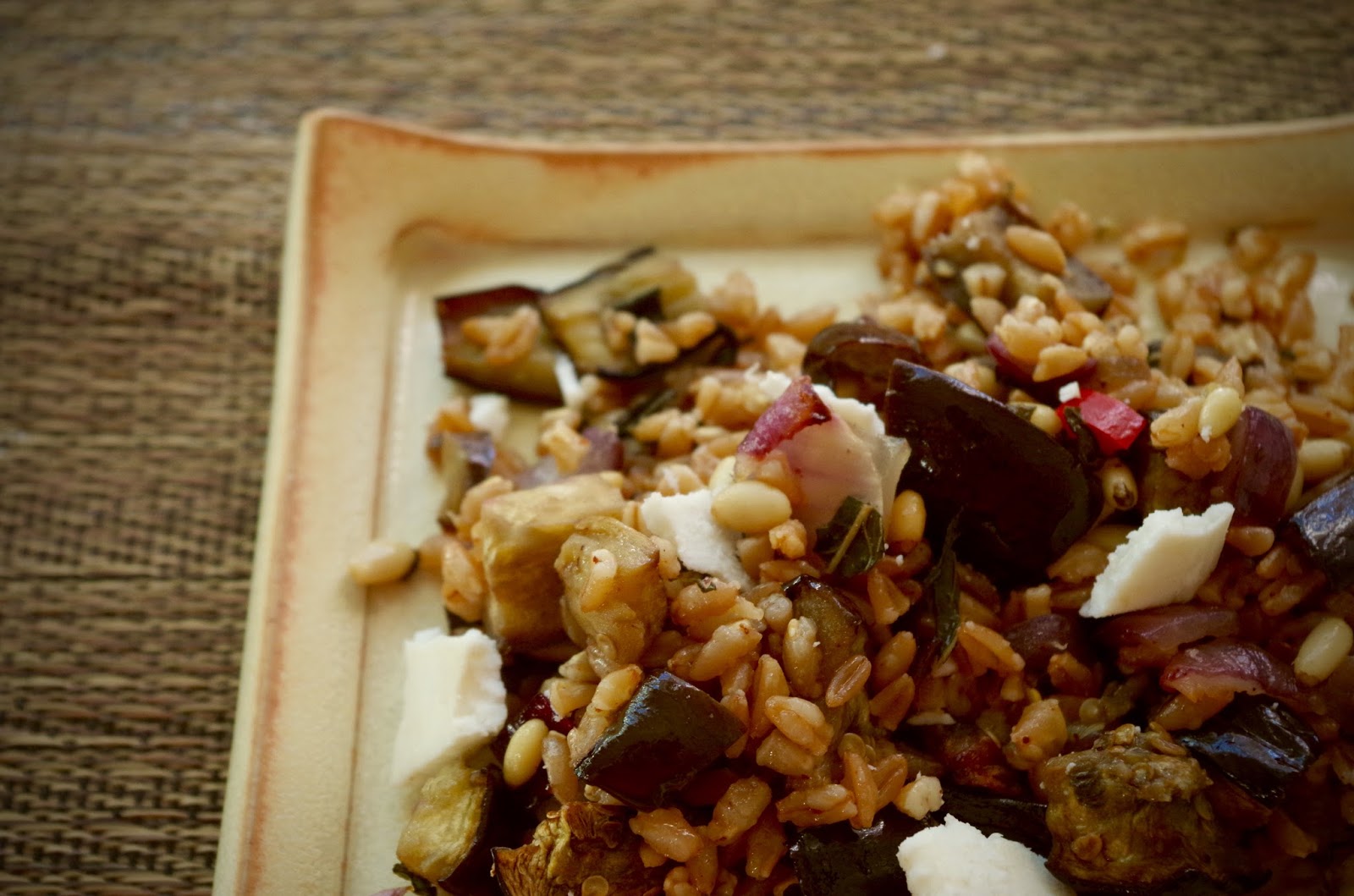 Farro Salad with Roasted Eggplant, Caramelized Onion, and Pine Nuts