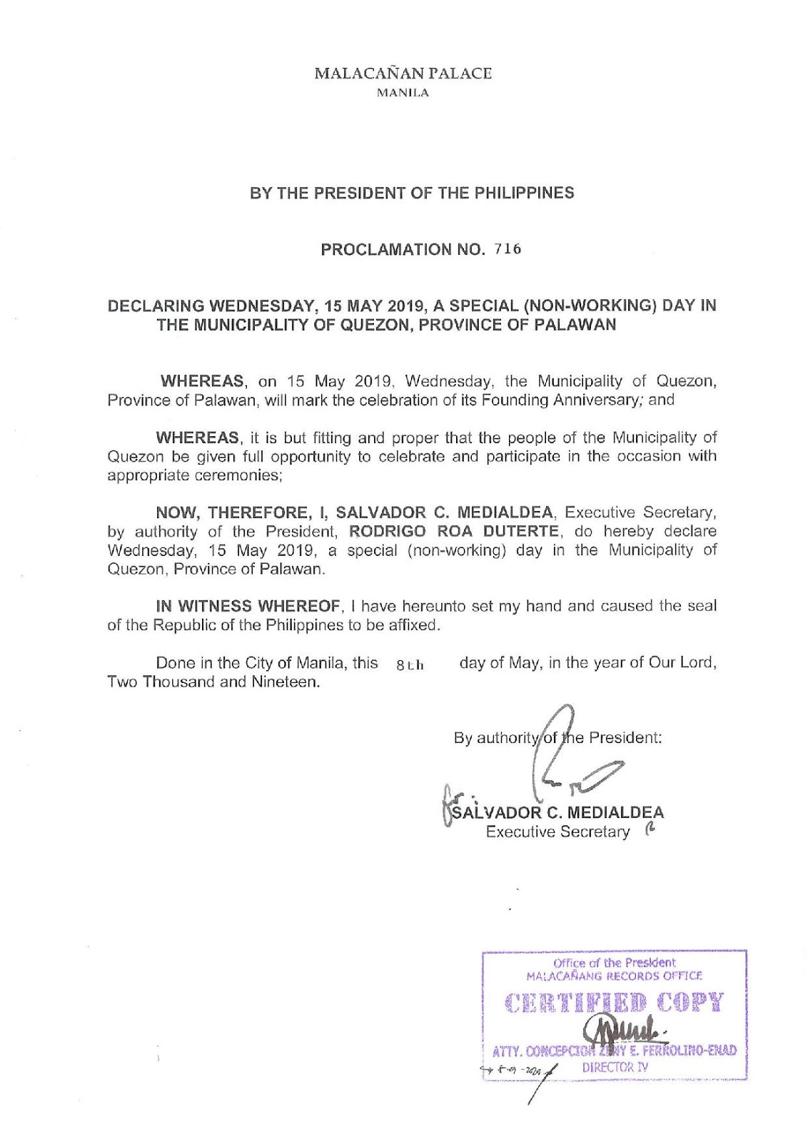 Philippine Holidays Special (NonWorking) Day in Quezon, Palawan on