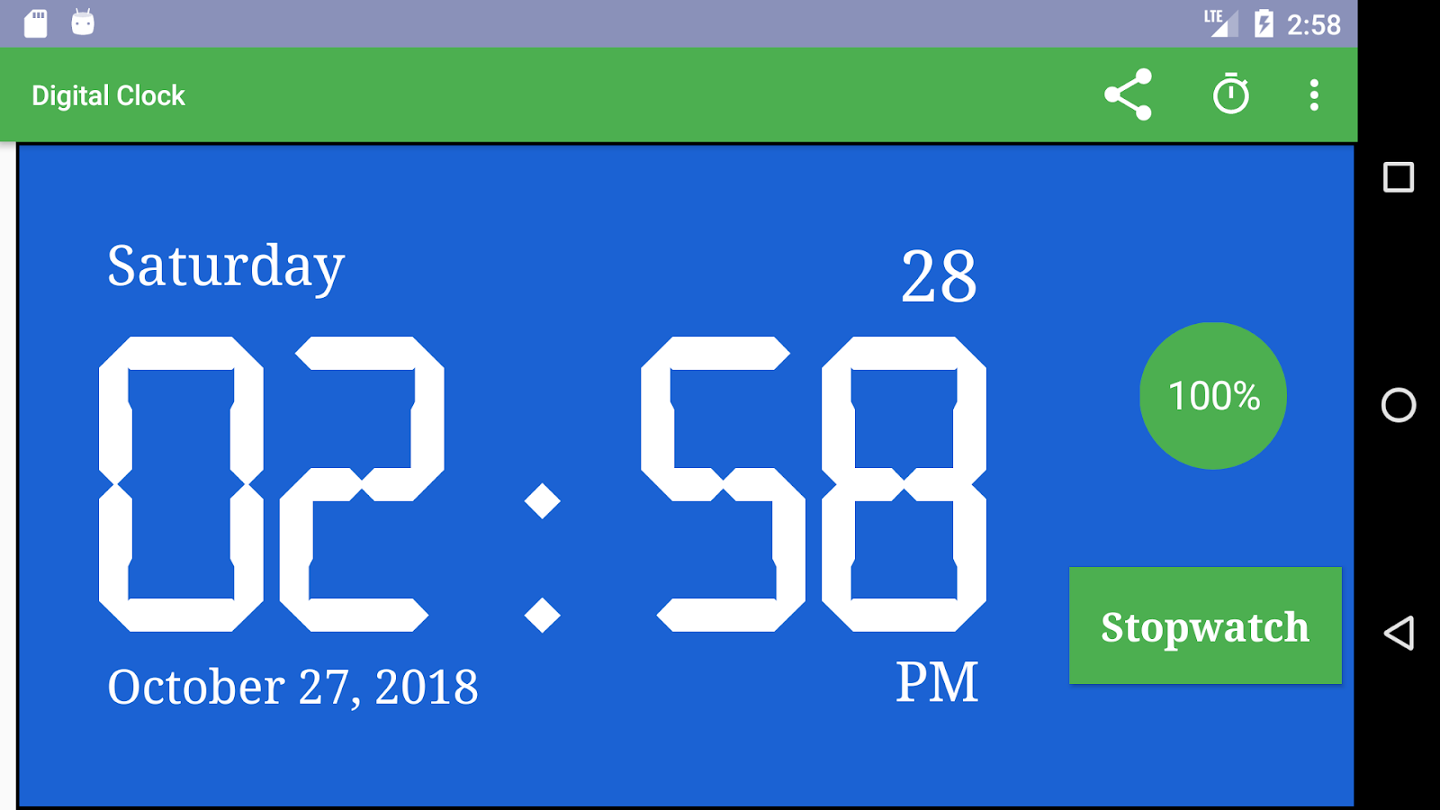 Digital Clock with Seconds, Stopwatch and Battery Percentage Digital