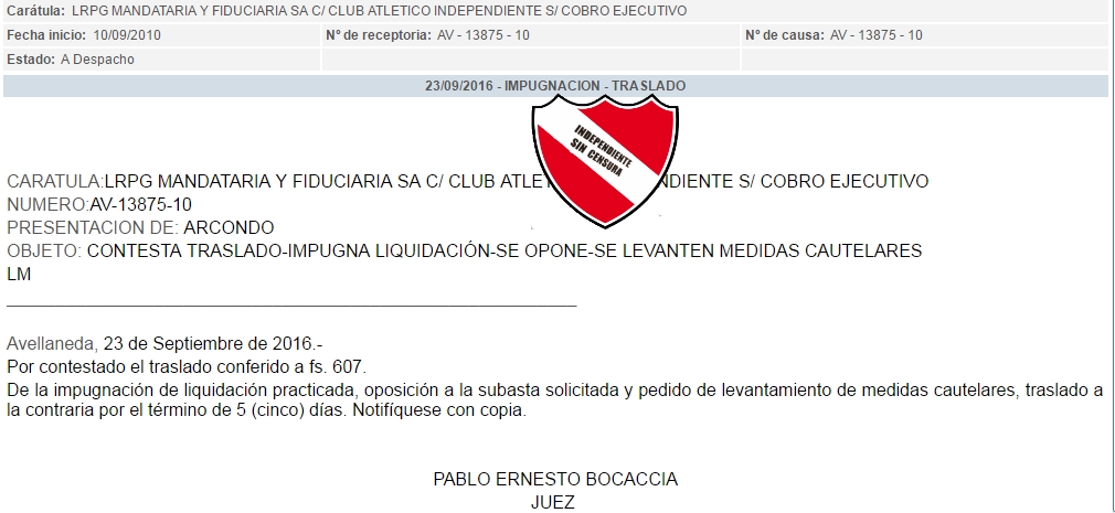 INDEPENDIENTE SIN CENSURA: Independiente se opone a la subasta de Boyacá y  pide levantar el embargo.