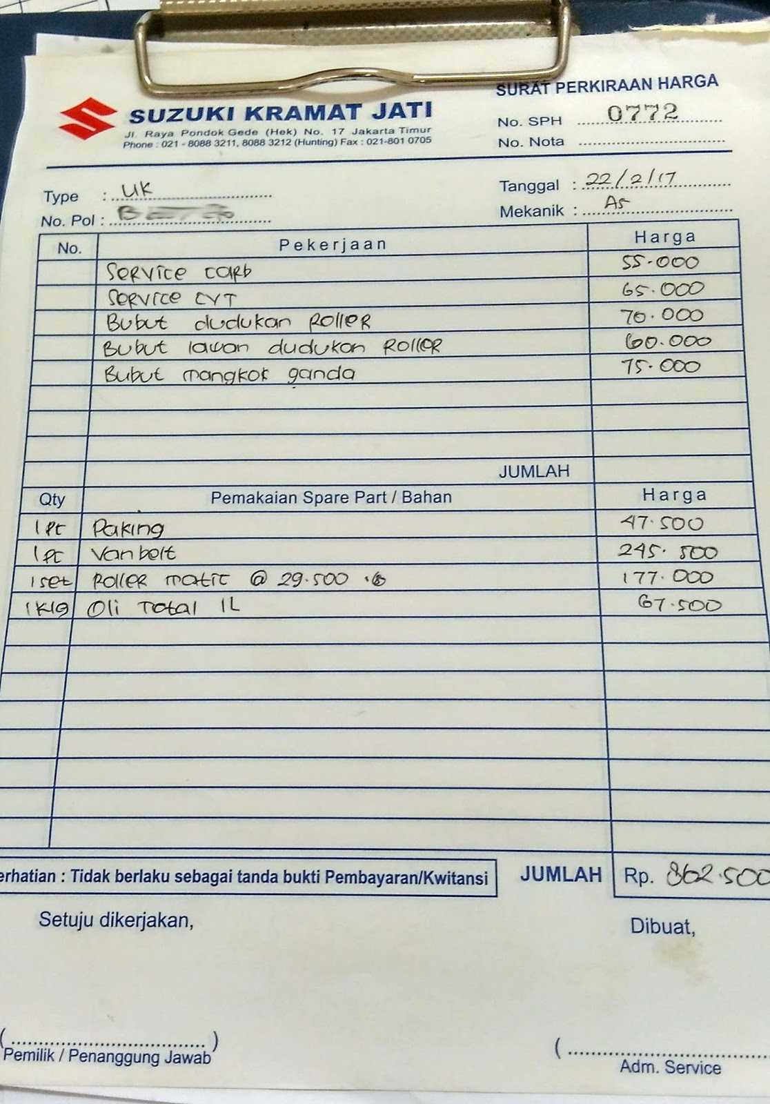 Kwitansi Perbaikan Motor