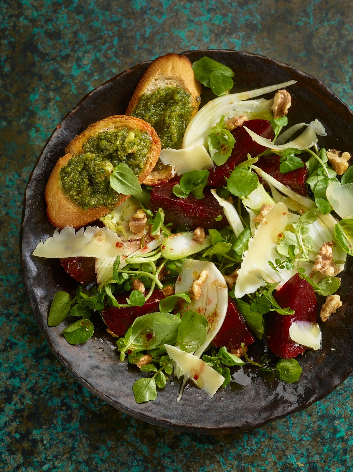 Watercress, Beetroot And Fennel Salad With Comté, Basil And Walnut Crostini