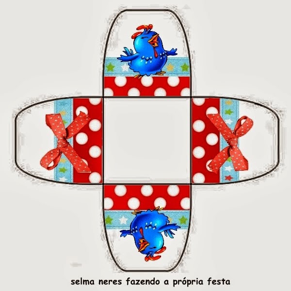 Gallinita Pintadita en Rojo y Celeste: Kit para Imprimir Gratis. Cajitas abiertas para poner caramelos, mazapanes o pastelitos.