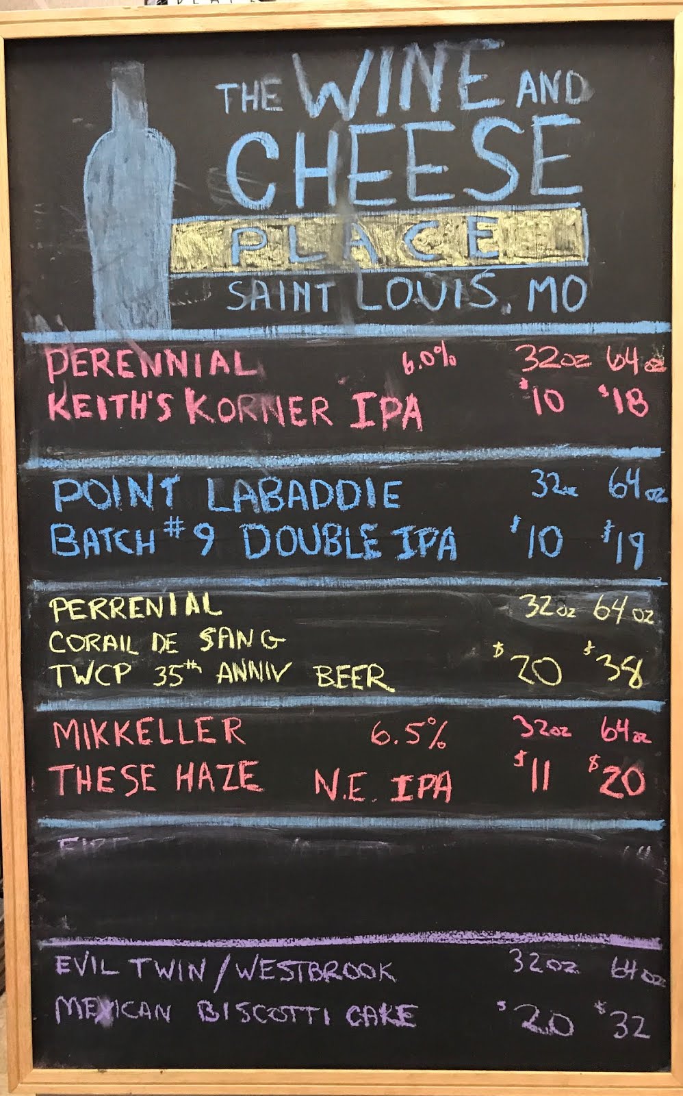 The Wine and Cheese Place Growler board at Forsyth