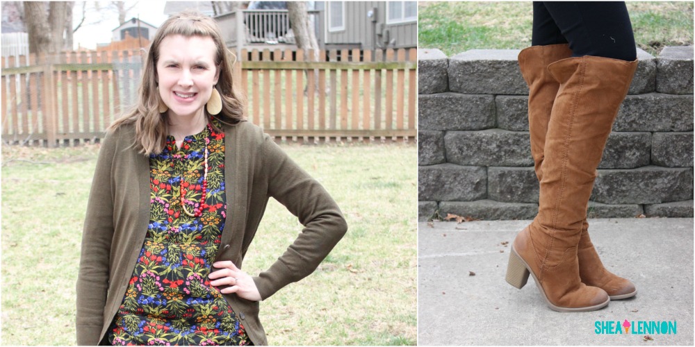 Winter outfit idea featuring a floral top, olive cardigan, ponte pants, and over the knee boots. 