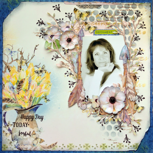 Mixed Media Page by Denise van Deventer using the BoBunny Serendipity Collection and Pentart Pearl Stencil Paste