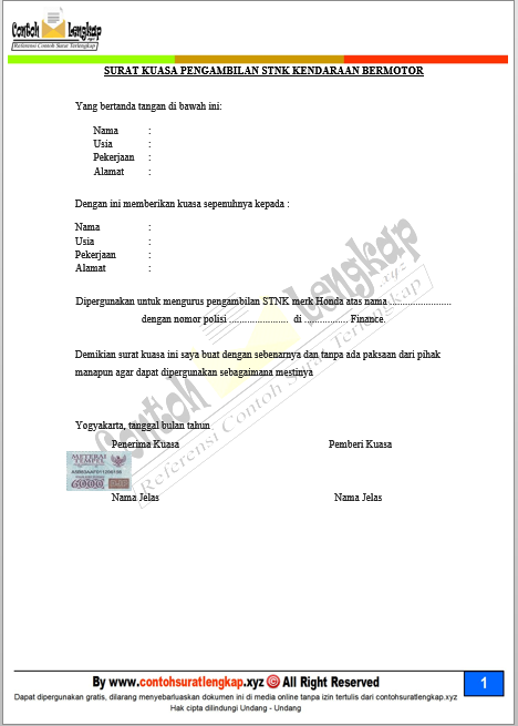 3 Contoh Surat Kuasa Pengambilan Bpkb Stnk Motor Mobil