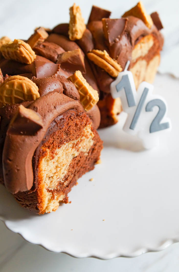 Chocolate Peanut Butter 1/2 Birthday Bundt Cake | bakeat350.net