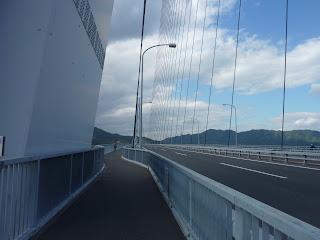 Looking along the road deck of the cable-stayed Tatara bridge, from the shimanami kaido bikeway 