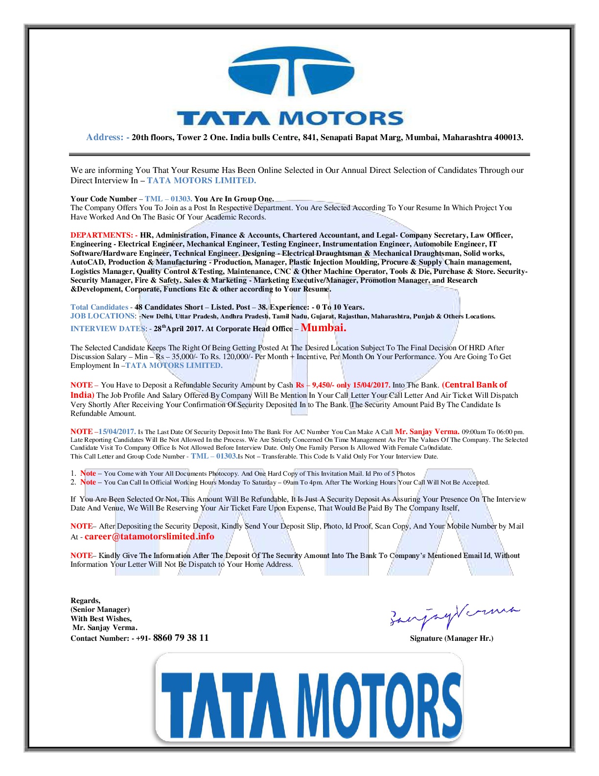 TATA MOTORS LIMITED SELECTION 2017. Blog Posted By Mr. Sanjay Verma