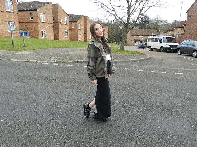 Army jacket and maxi skirt outfit of the day