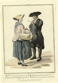 pipe-smoking 19th c tricorned hat-wearing man meets outdoors with peasant woman (colour engraving)