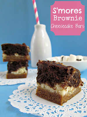 S'mores brownie cheesecake bars on a white doily with title