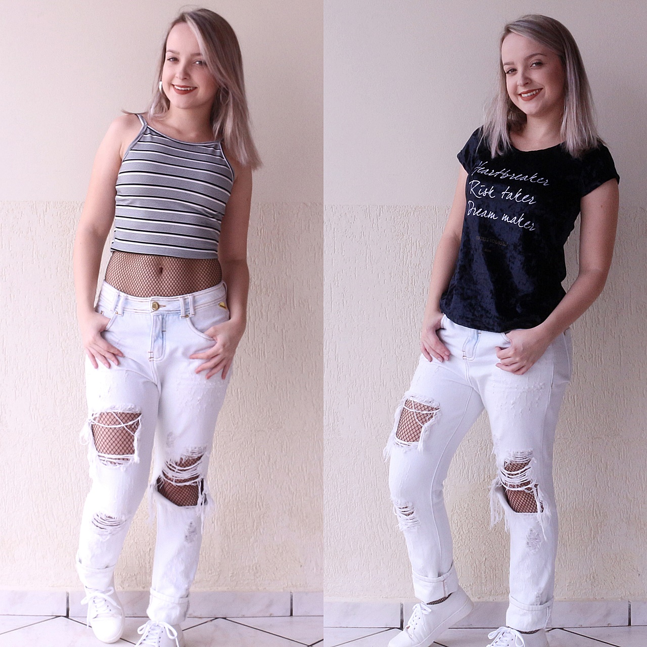 calça jeans rasgada com meia arrastão