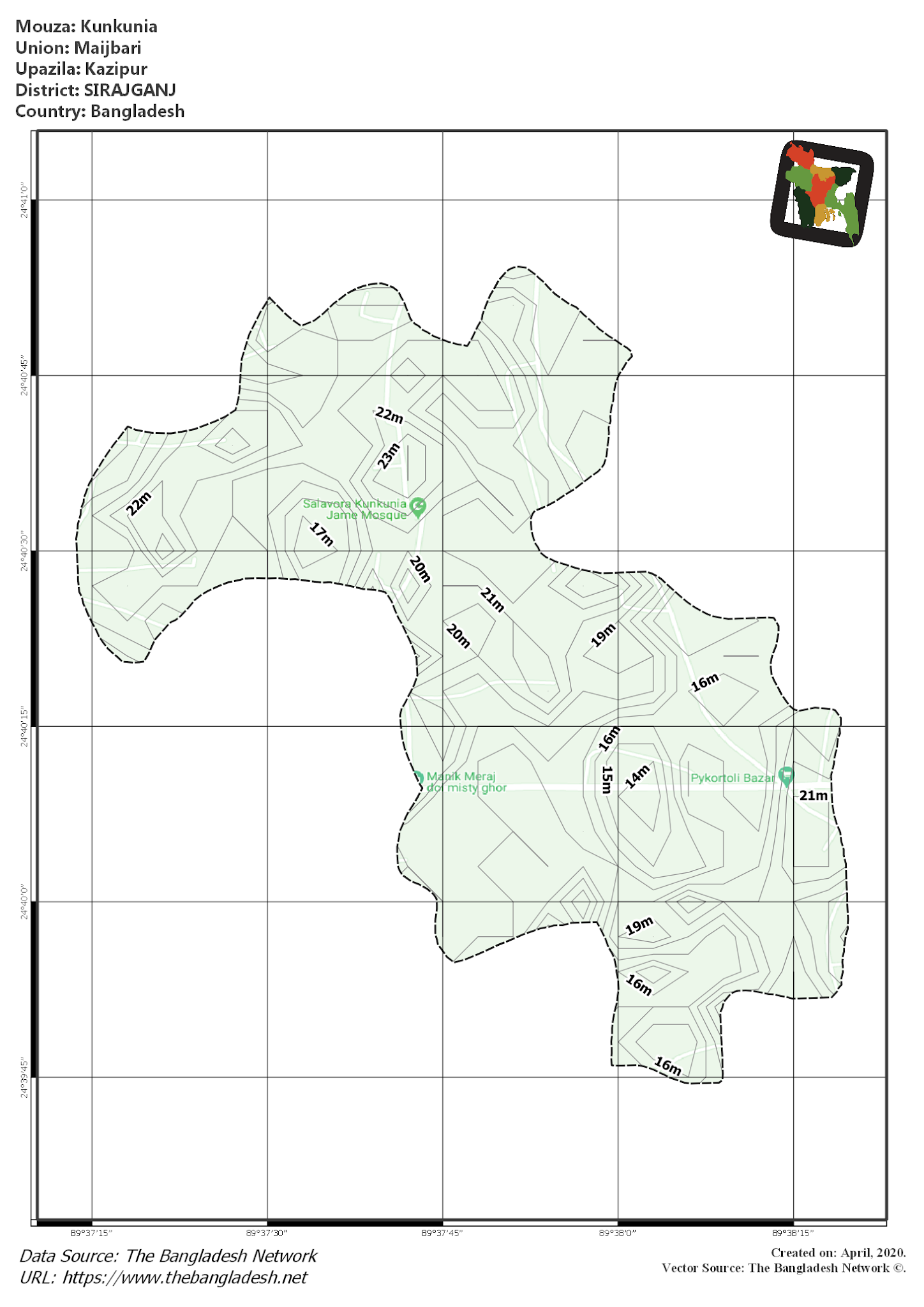 Map of Kunkunia Mouza of Kazipur Upazila, SIRAJGANJ, Bangladesh.