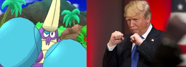 Crabrawler and Trump Crabrawler Donald Trump fists up fighting stance ready to fight Pokémon