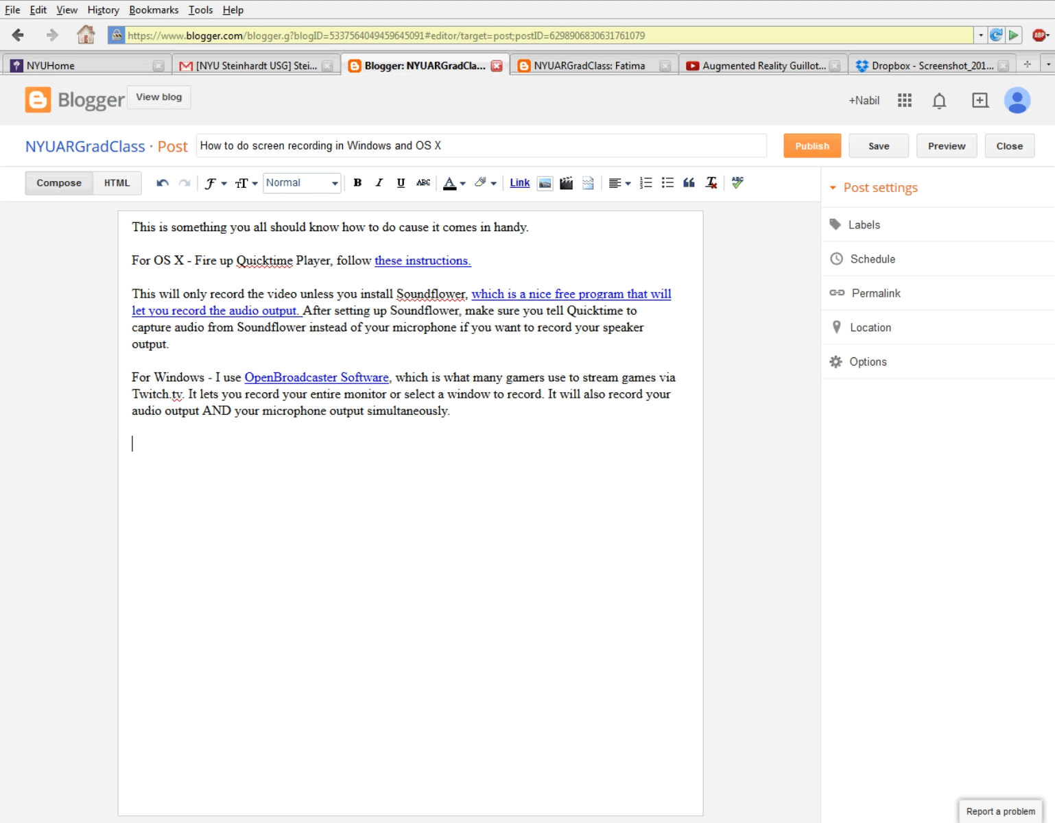 NYUARGradClass How to do screen recording in Windows and OS X