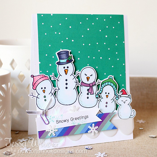 Snowy Greetings Snowman Family Card by Tessa Wise! Flaky Family Stamp Set by Newton's Nook Designs
