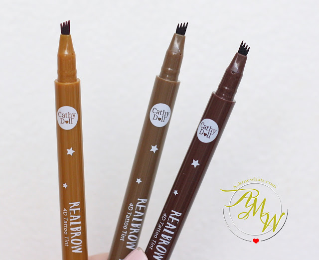 a photo of Cathy Doll RealBrow 4D Tattoo Tint review in shades Light Brown, Ash Brown and Dark Brown.
