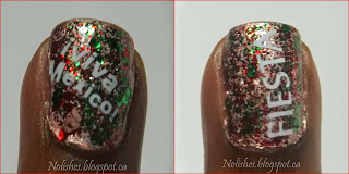 Right and left ring finger accent nails featuring a copper base topped with a white and silver micro-glitter mix, an emerald green glitter polish, a red glitter polish, and then stamped stamped with the words 'Viva Mexico' (left), and 'Fiesta' (right) in white.