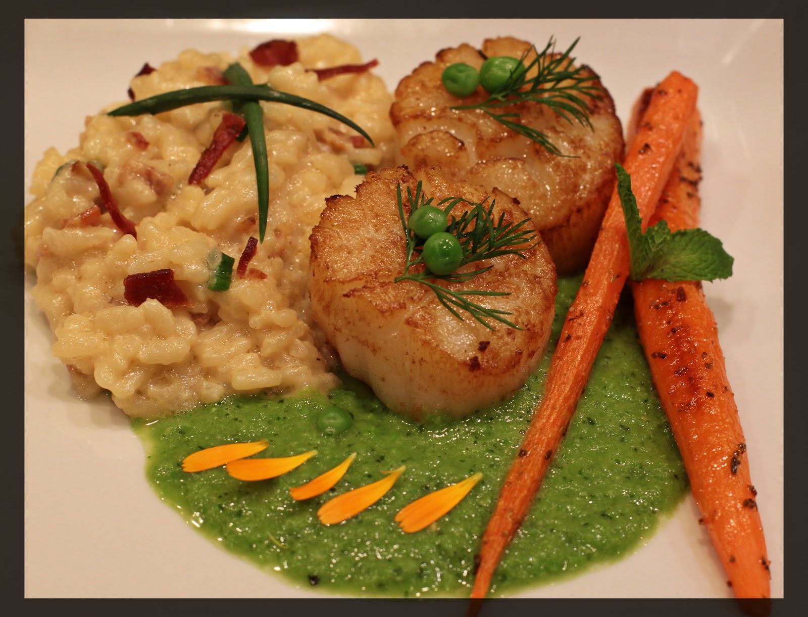 The Chickpea Chickadee Seared Sea Scallops with Bacon Chive Risotto