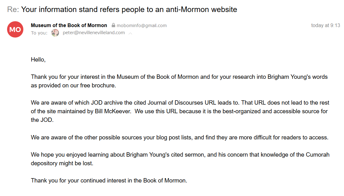 Email reply from the Museum of the Book of Mormon
