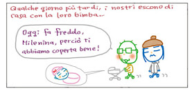 Qualche giorno più tardi, i nostri escono di casa con la loro bimba... Oggi fa freddo, Milenina, perciò ti abbiamo coperta bene!