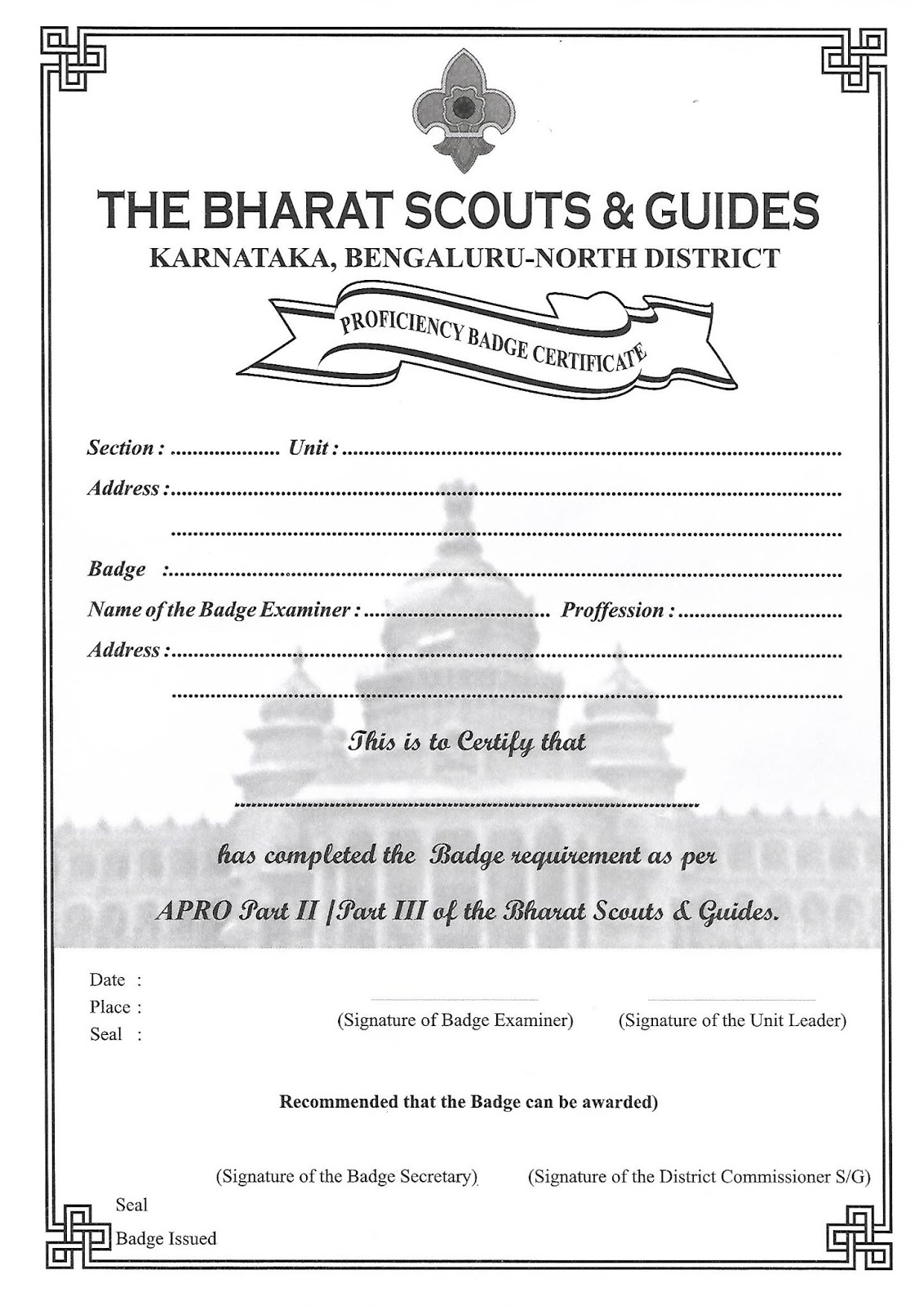 Bharath Scouts&Guides,Blore North District! PROFICIENCY BADGE CERTIFICATE
