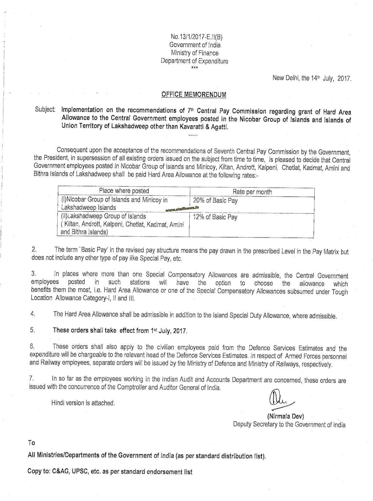 7th CPC Allowances Order Hard Area Allowance for employees posted in A