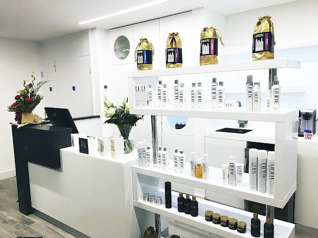 Hair salon reception area, hair products, unite hair care