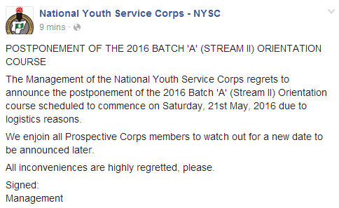 NYSC postpones 2016 Batch 'A' (Stream II) Orientation course