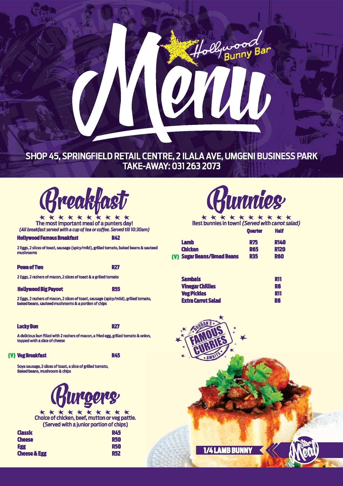 Hollywood Bunny Bar Menu - Page 1 Hollywood Bunny Bar Menu - Page 1 - Breakfast, Bunny Chows, Burgers