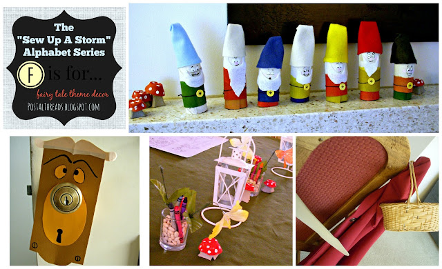 f is for fairy tale theme decor, diy, themed dinner party collage of 7 dwarves tissue tubes, egg carton toadstools/mushrooms, talking doorknob, table set with coloring page placemats, crayons, Little Red Riding Hood cape & basket
