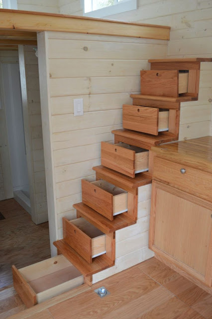 Tiny House with drawers in stairs :: OrganizingMadeFun.com